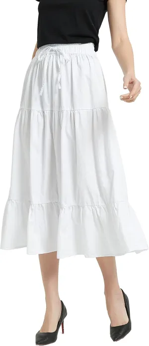 Tronjori Womens A Line Long Midi Denim Skirt Tired Pleated Layers Elastic Waist Front Drawstring