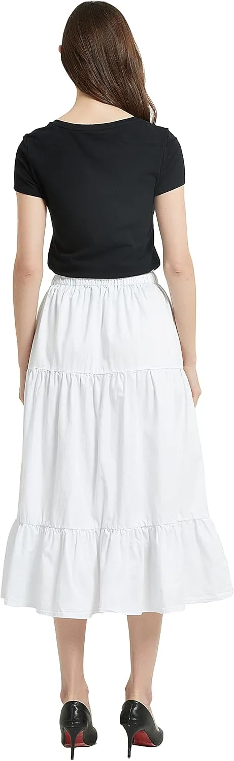 Tronjori Womens A Line Long Midi Denim Skirt Tired Pleated Layers Elastic Waist Front Drawstring