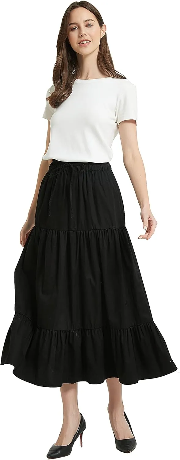 Tronjori Womens A Line Long Midi Denim Skirt Tired Pleated Layers Elastic Waist Front Drawstring