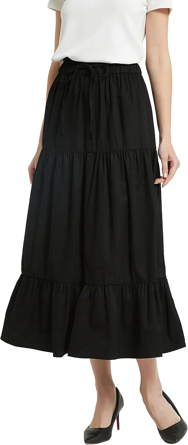 Tronjori Womens A Line Long Midi Denim Skirt Tired Pleated Layers Elastic Waist Front Drawstring