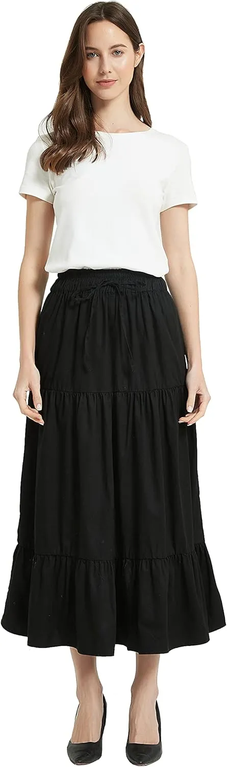 Tronjori Womens A Line Long Midi Denim Skirt Tired Pleated Layers Elastic Waist Front Drawstring