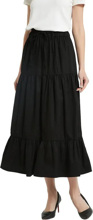 Tronjori Womens A Line Long Midi Denim Skirt Tired Pleated Layers Elastic Waist Front Drawstring