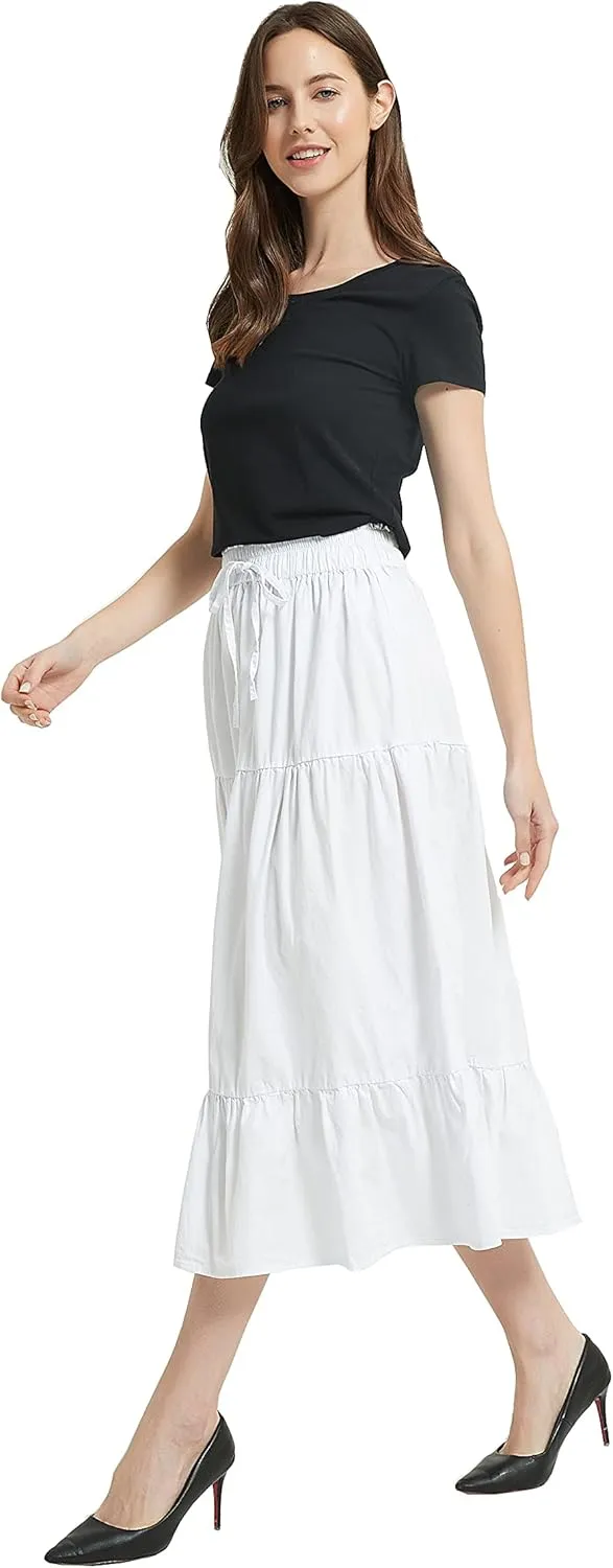 Tronjori Womens A Line Long Midi Denim Skirt Tired Pleated Layers Elastic Waist Front Drawstring