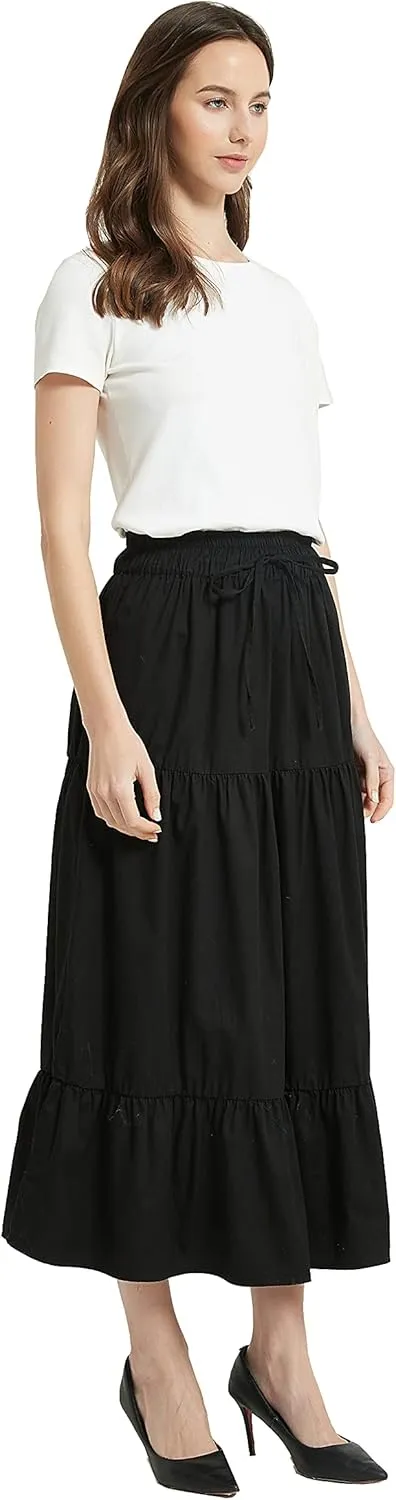 Tronjori Womens A Line Long Midi Denim Skirt Tired Pleated Layers Elastic Waist Front Drawstring