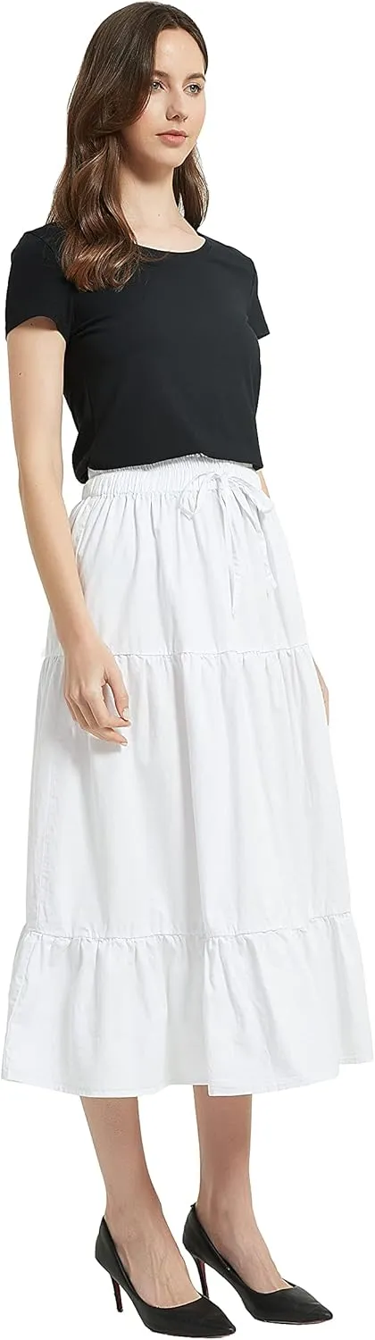 Tronjori Womens A Line Long Midi Denim Skirt Tired Pleated Layers Elastic Waist Front Drawstring