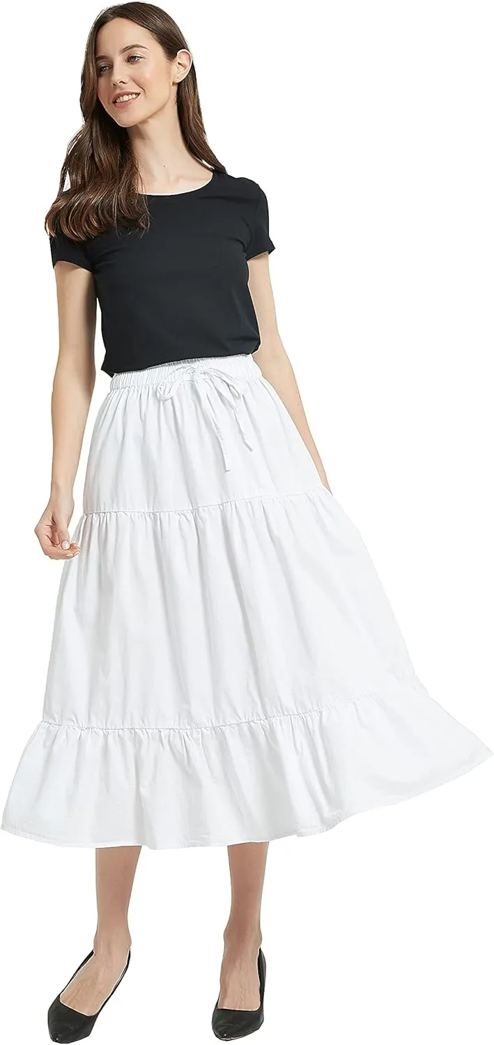 Tronjori Womens A Line Long Midi Denim Skirt Tired Pleated Layers Elastic Waist Front Drawstring