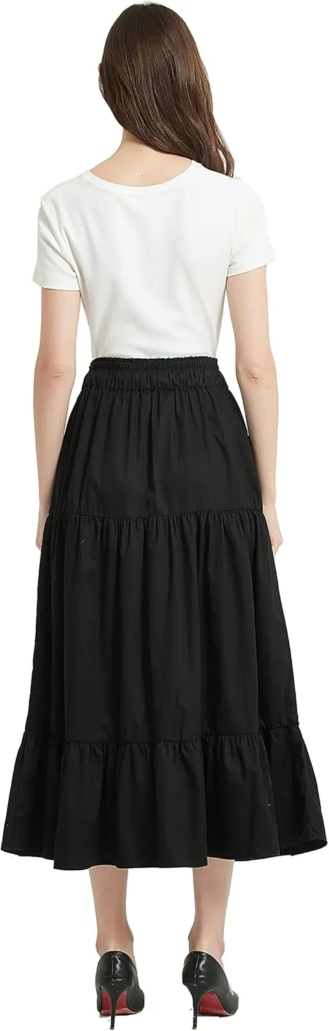 Tronjori Womens A Line Long Midi Denim Skirt Tired Pleated Layers Elastic Waist Front Drawstring