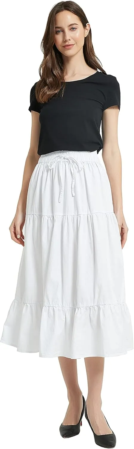 Tronjori Womens A Line Long Midi Denim Skirt Tired Pleated Layers Elastic Waist Front Drawstring