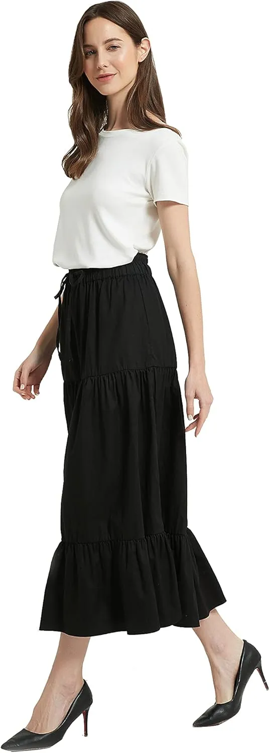 Tronjori Womens A Line Long Midi Denim Skirt Tired Pleated Layers Elastic Waist Front Drawstring
