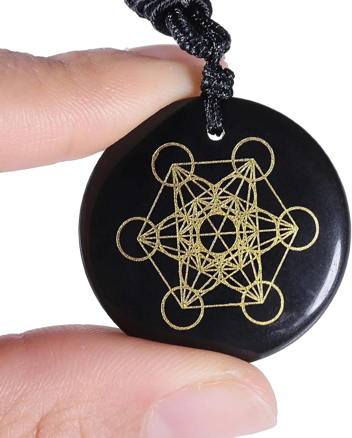 TUMBEELLUWA Engraved Golden Pattern Necklace Black Obsidian Crystal Stone Pendant Amulet with Adjustable Cord