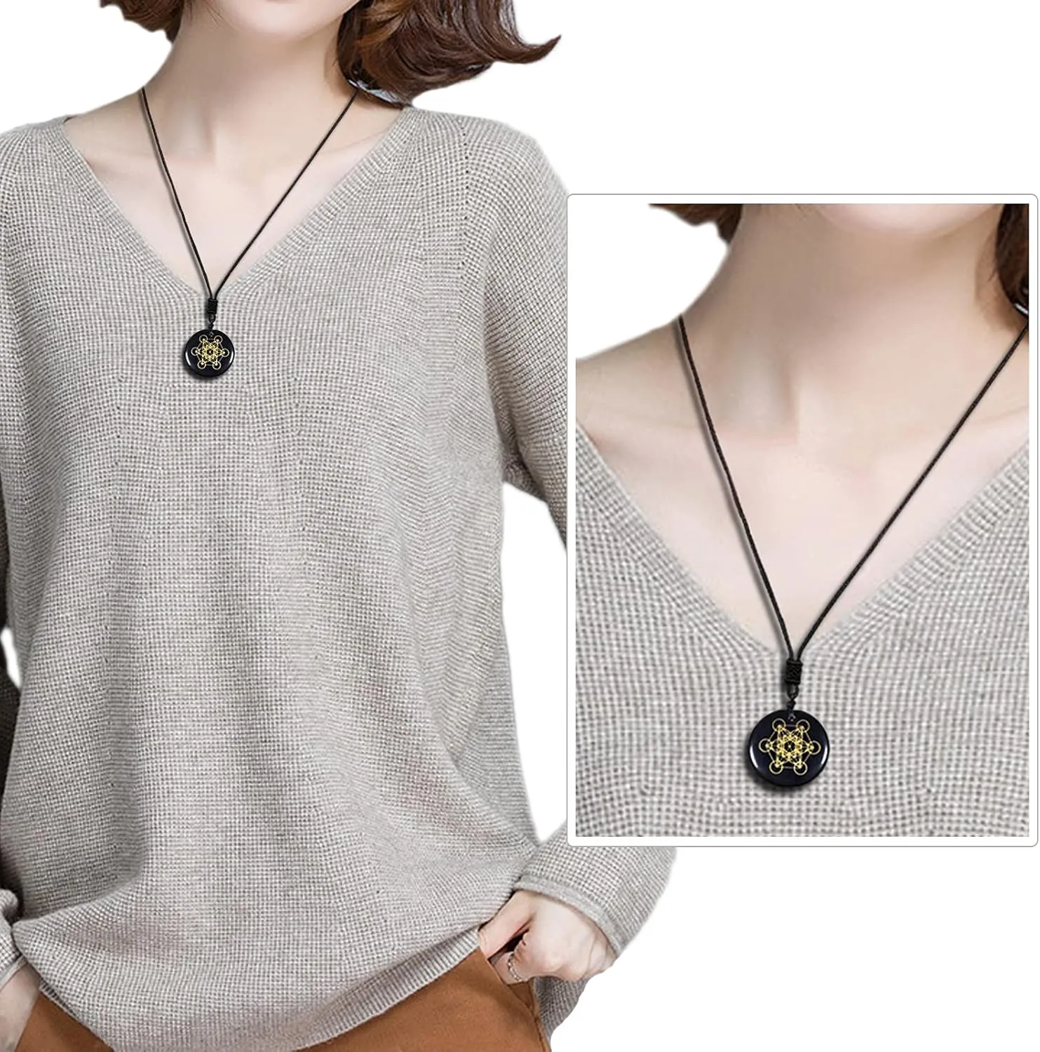 TUMBEELLUWA Engraved Golden Pattern Necklace Black Obsidian Crystal Stone Pendant Amulet with Adjustable Cord