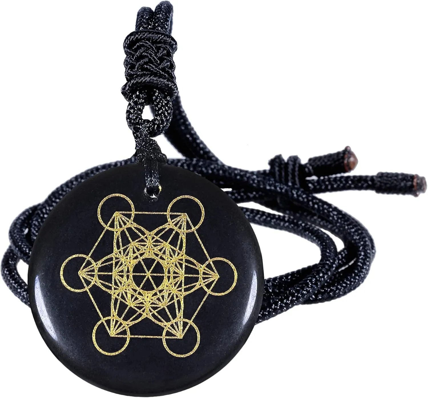 TUMBEELLUWA Engraved Golden Pattern Necklace Black Obsidian Crystal Stone Pendant Amulet with Adjustable Cord