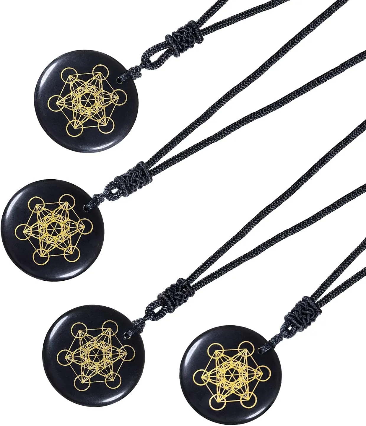 TUMBEELLUWA Engraved Golden Pattern Necklace Black Obsidian Crystal Stone Pendant Amulet with Adjustable Cord