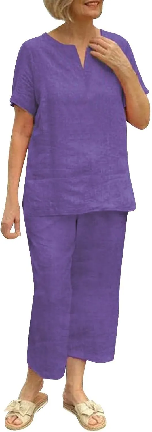 Two Piece Sets for Women Summer Casual Linen Button Shirts Comfy Bermuda Long Pants Set Summer Vacation Resort Wear