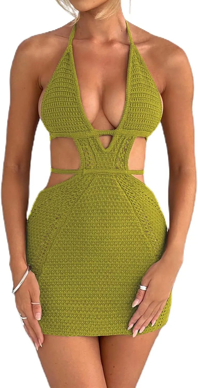 UAURORAO Women Crochet Beach Dress Halter Neck Spaghetti Strap Bodycon Boho Sundress Backless Cut Out Knit Pencil Dress