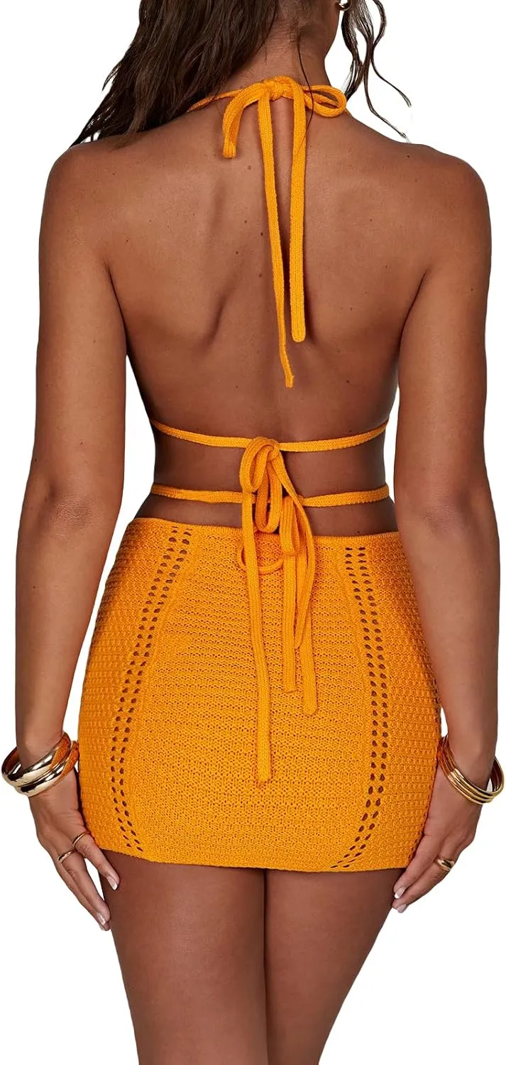 UAURORAO Women Crochet Beach Dress Halter Neck Spaghetti Strap Bodycon Boho Sundress Backless Cut Out Knit Pencil Dress