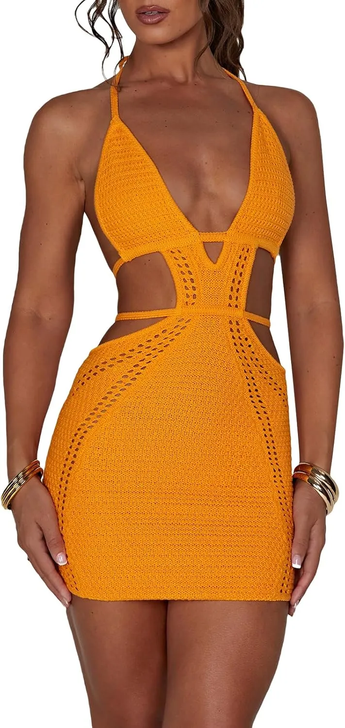 UAURORAO Women Crochet Beach Dress Halter Neck Spaghetti Strap Bodycon Boho Sundress Backless Cut Out Knit Pencil Dress