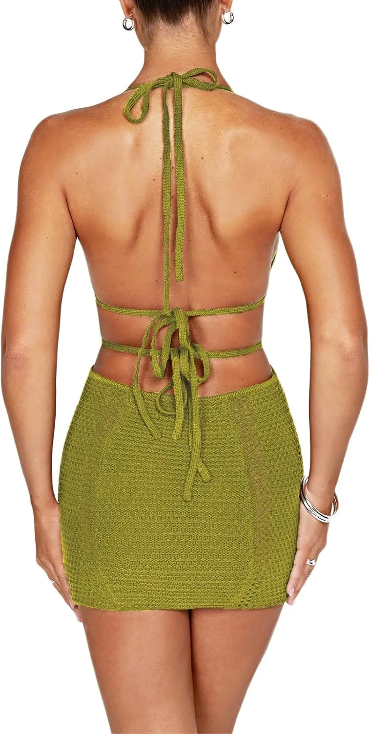 UAURORAO Women Crochet Beach Dress Halter Neck Spaghetti Strap Bodycon Boho Sundress Backless Cut Out Knit Pencil Dress