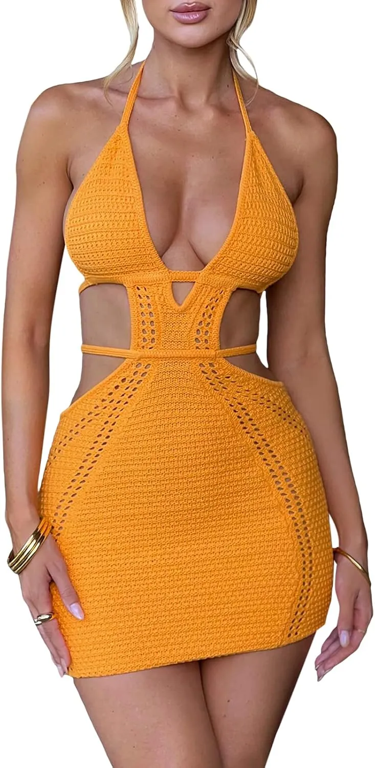 UAURORAO Women Crochet Beach Dress Halter Neck Spaghetti Strap Bodycon Boho Sundress Backless Cut Out Knit Pencil Dress