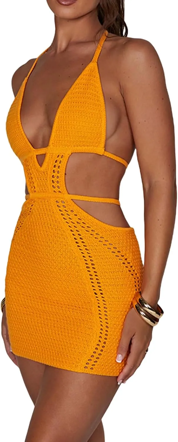 UAURORAO Women Crochet Beach Dress Halter Neck Spaghetti Strap Bodycon Boho Sundress Backless Cut Out Knit Pencil Dress