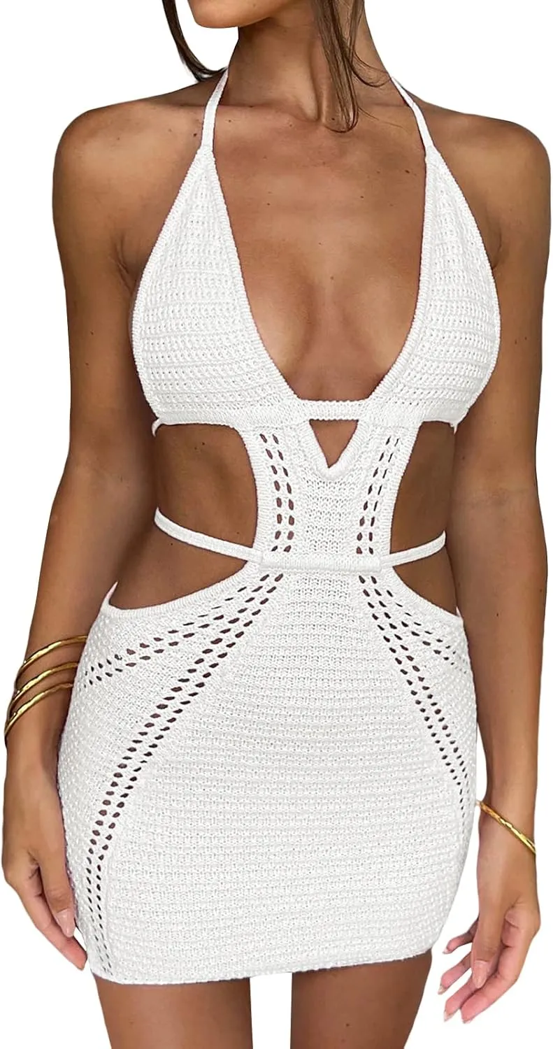 UAURORAO Women Crochet Beach Dress Halter Neck Spaghetti Strap Bodycon Boho Sundress Backless Cut Out Knit Pencil Dress