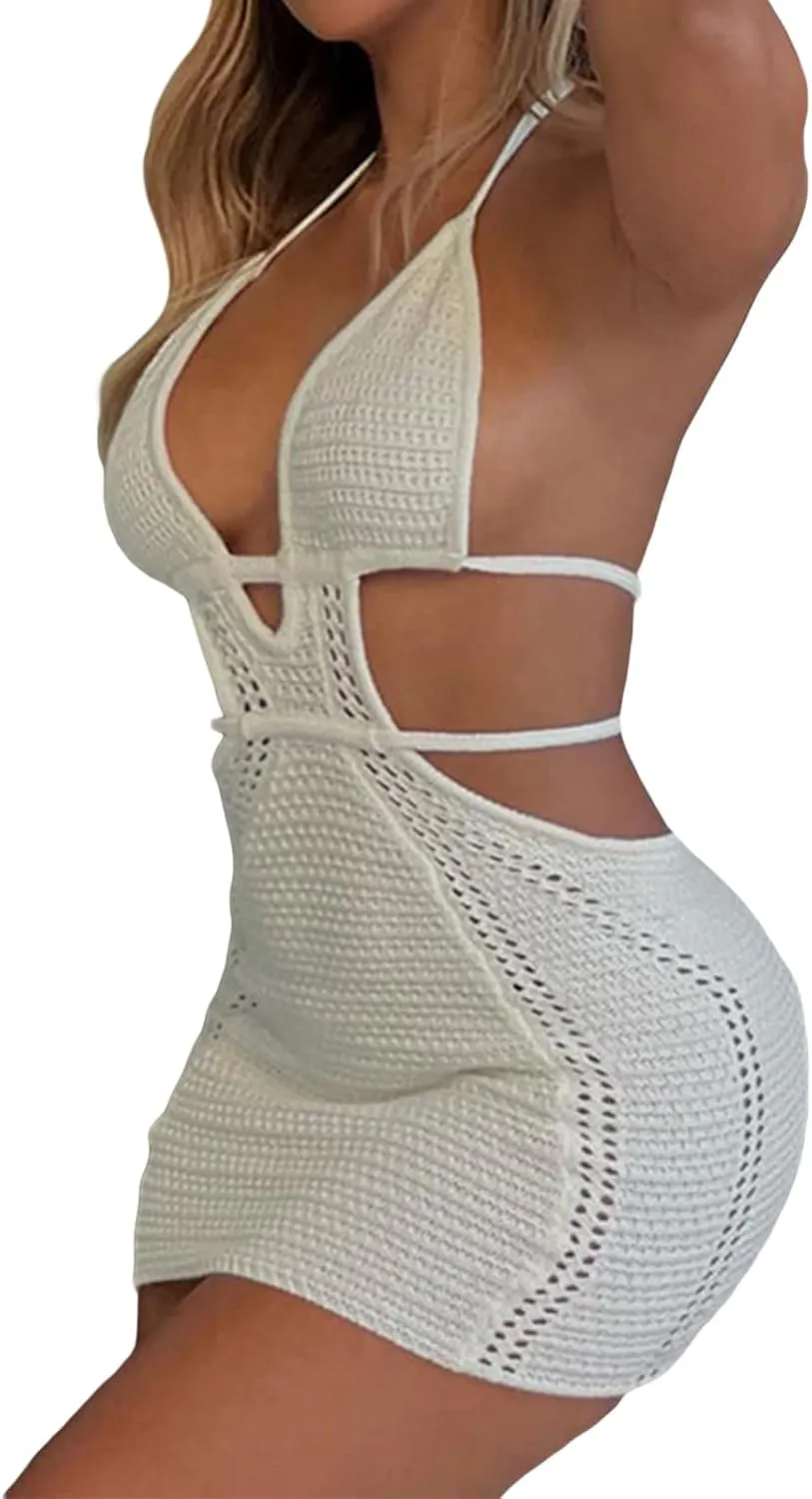 UAURORAO Women Crochet Beach Dress Halter Neck Spaghetti Strap Bodycon Boho Sundress Backless Cut Out Knit Pencil Dress