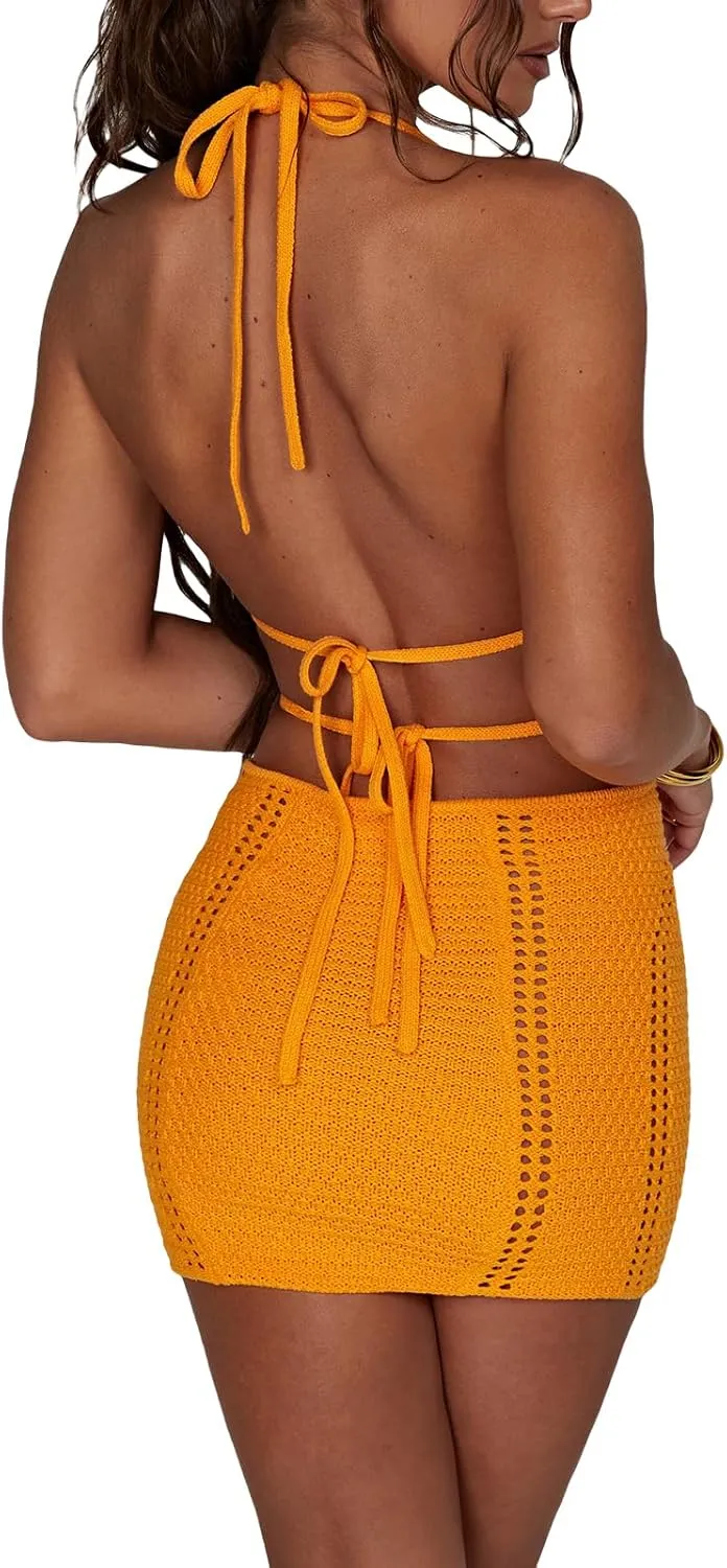 UAURORAO Women Crochet Beach Dress Halter Neck Spaghetti Strap Bodycon Boho Sundress Backless Cut Out Knit Pencil Dress
