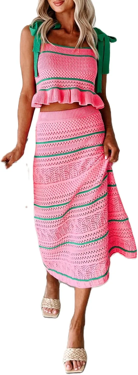 UAURORAO Women Crochet Knit 2 Piece Sets Summer Striped Crop Top Sleeveless Hollow Out Bodycon Maxi Skirt Matching Set