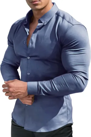 URRU Men's Muscle Dress Shirts Slim Fit Stretch Long&Short Sleeve Casual Button Down Shirt
