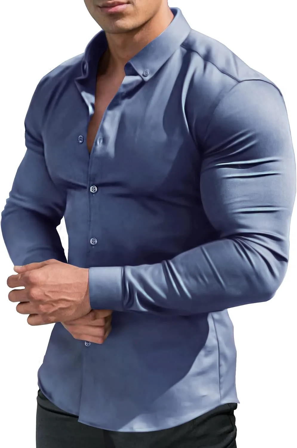 URRU Men's Muscle Dress Shirts Slim Fit Stretch Long&Short Sleeve Casual Button Down Shirt