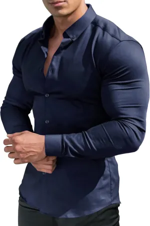URRU Men's Muscle Dress Shirts Slim Fit Stretch Long&Short Sleeve Casual Button Down Shirt