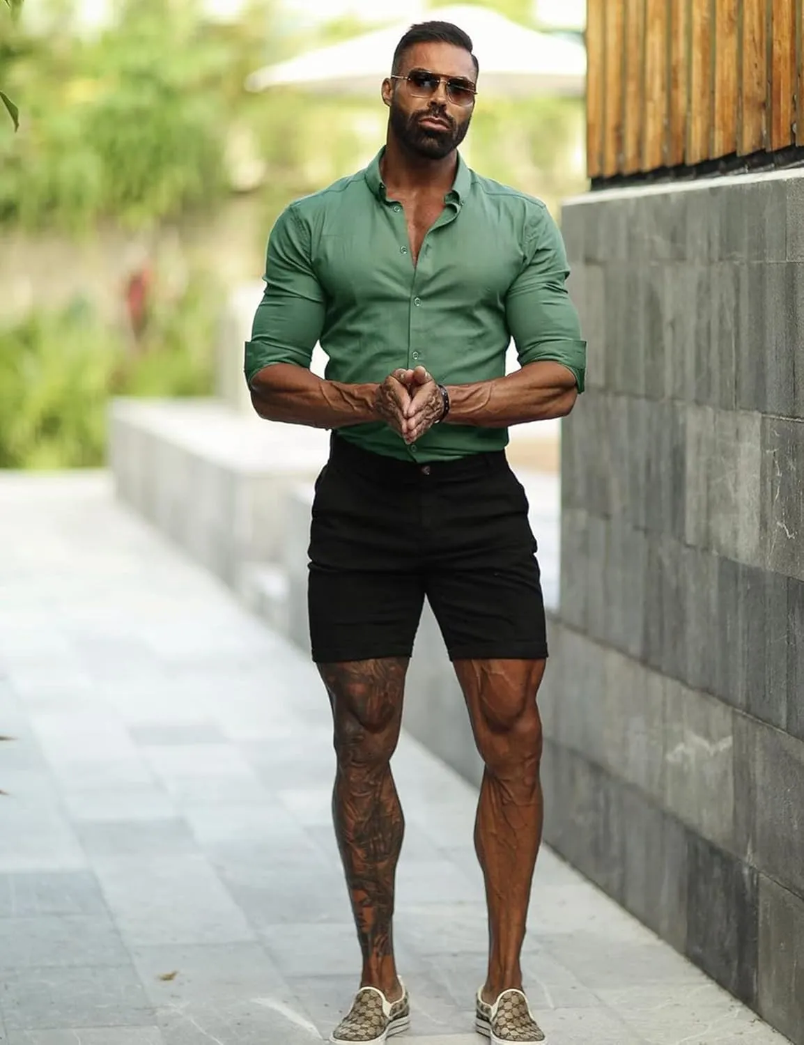 URRU Men's Muscle Dress Shirts Slim Fit Stretch Long&Short Sleeve Casual Button Down Shirt