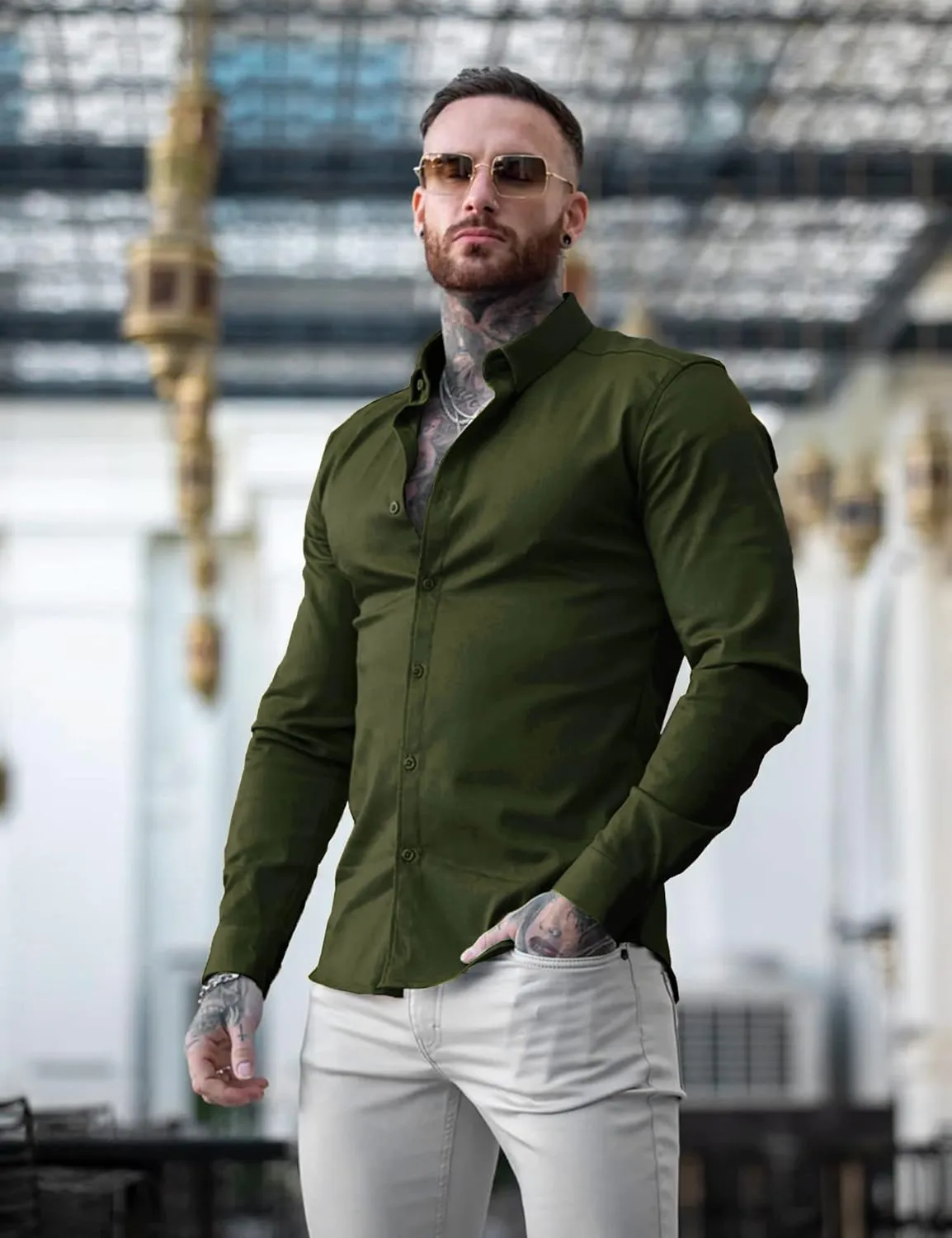 URRU Men's Muscle Dress Shirts Slim Fit Stretch Long&Short Sleeve Casual Button Down Shirt