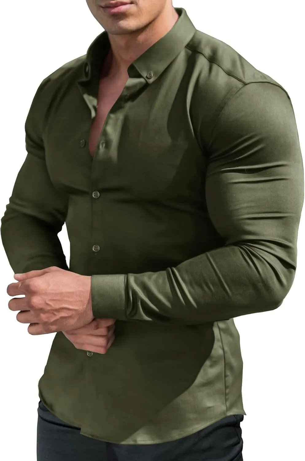 URRU Men's Muscle Dress Shirts Slim Fit Stretch Long&Short Sleeve Casual Button Down Shirt