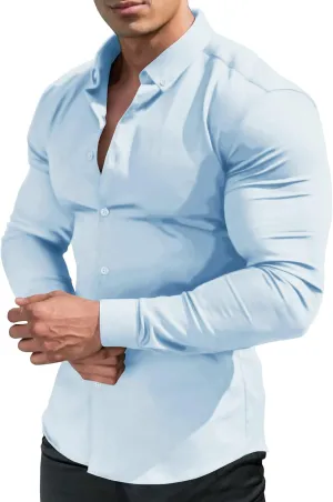 URRU Men's Muscle Dress Shirts Slim Fit Stretch Long&Short Sleeve Casual Button Down Shirt