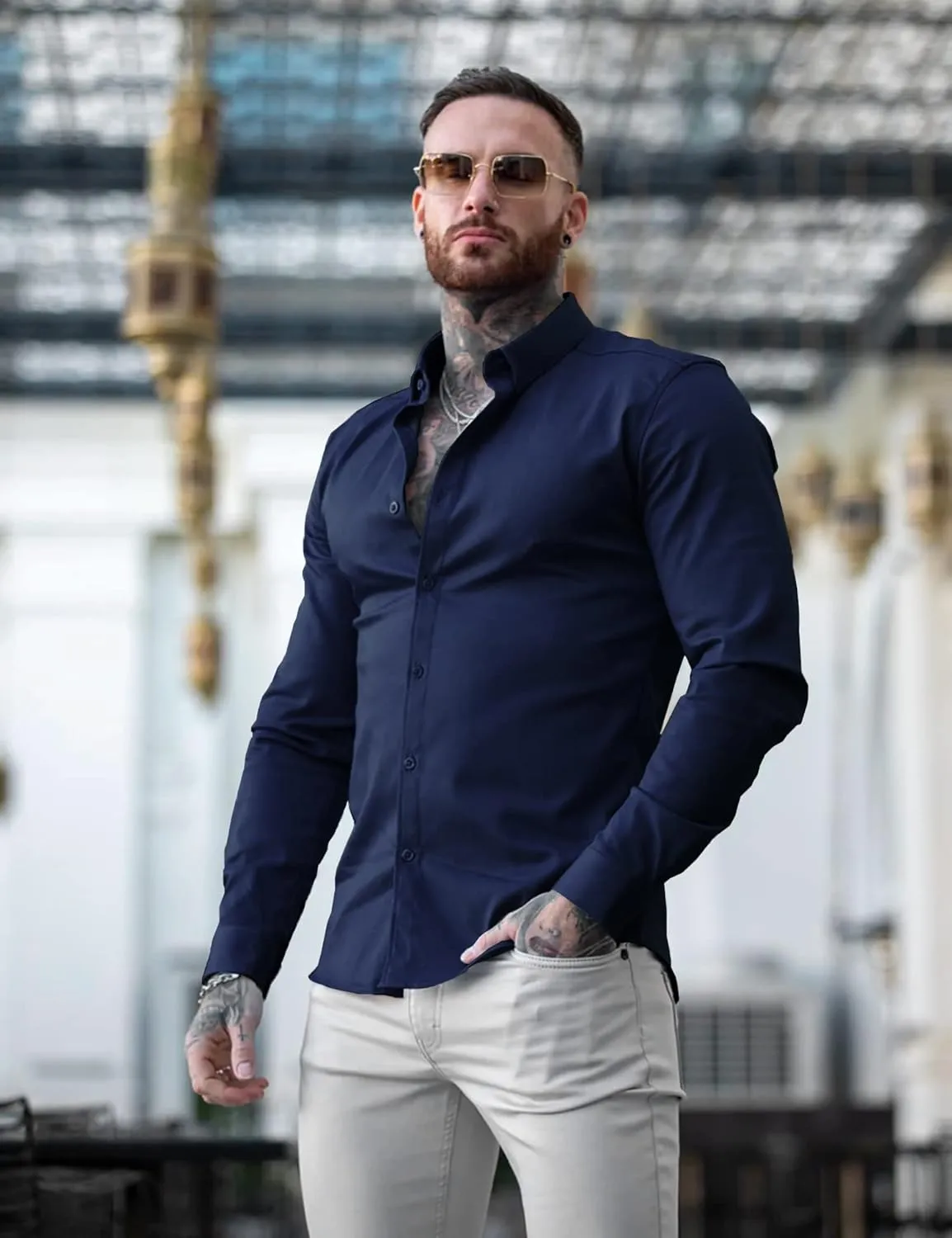 URRU Men's Muscle Dress Shirts Slim Fit Stretch Long&Short Sleeve Casual Button Down Shirt