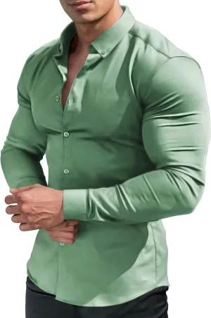 URRU Men's Muscle Dress Shirts Slim Fit Stretch Long&Short Sleeve Casual Button Down Shirt