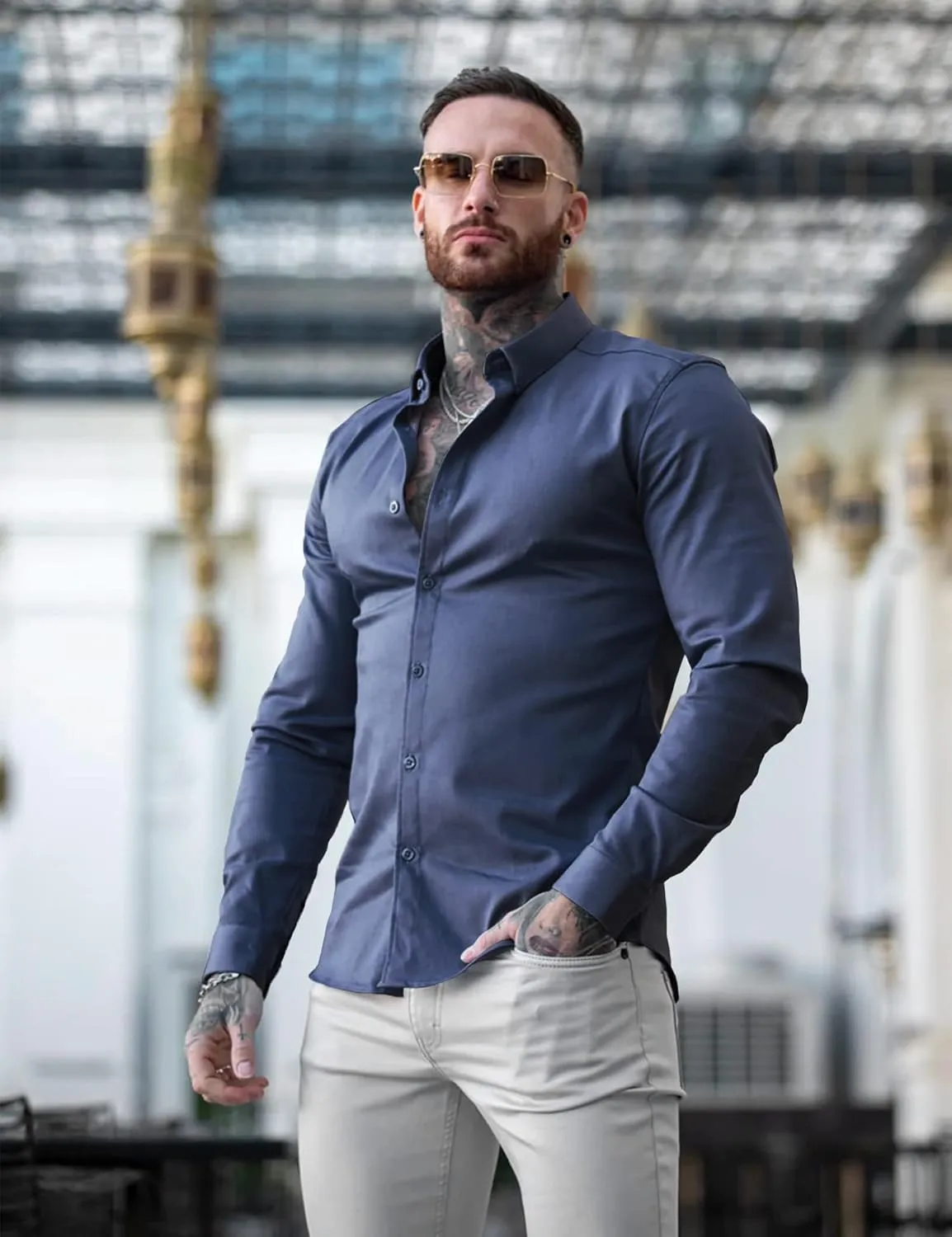 URRU Men's Muscle Dress Shirts Slim Fit Stretch Long&Short Sleeve Casual Button Down Shirt