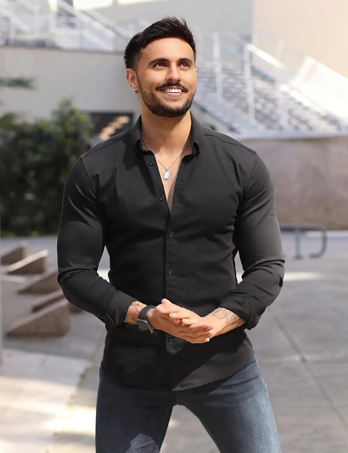 URRU Men's Muscle Dress Shirts Slim Fit Stretch Long&Short Sleeve Casual Button Down Shirt