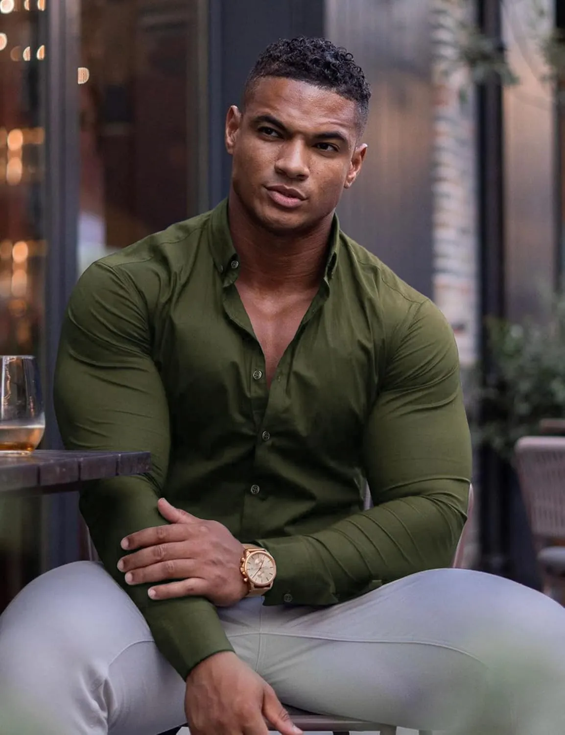 URRU Men's Muscle Dress Shirts Slim Fit Stretch Long&Short Sleeve Casual Button Down Shirt