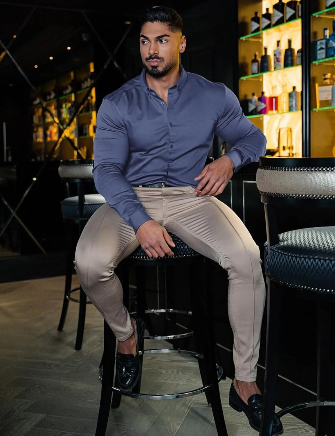 URRU Men's Muscle Dress Shirts Slim Fit Stretch Long&Short Sleeve Casual Button Down Shirt