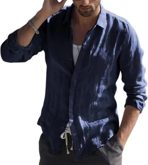 utcoco Men's Linen Long Sleeve Button Down Shirts Solid Casual Slim Fit T-Shirts