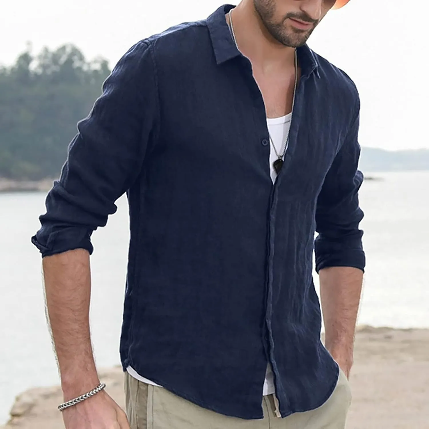utcoco Men's Linen Long Sleeve Button Down Shirts Solid Casual Slim Fit T-Shirts