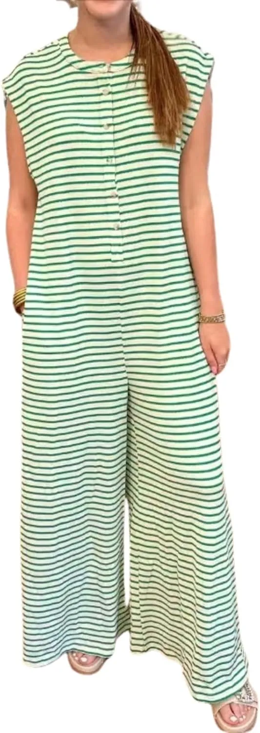 utcoco Women's Striped Wide Leg Jumpsuits 2025 Summer Sleeveless Romper Flowy Long Pants Comfy Baggy Overalls