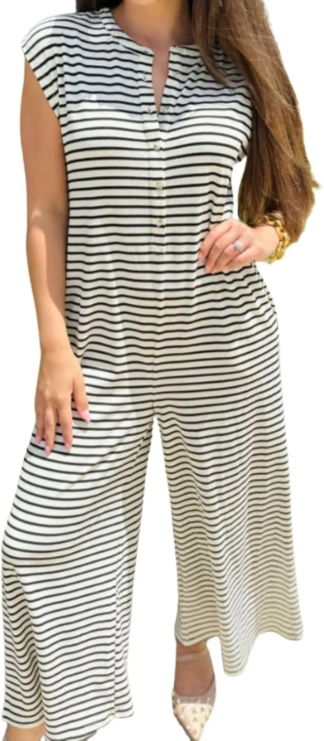utcoco Women's Striped Wide Leg Jumpsuits 2025 Summer Sleeveless Romper Flowy Long Pants Comfy Baggy Overalls