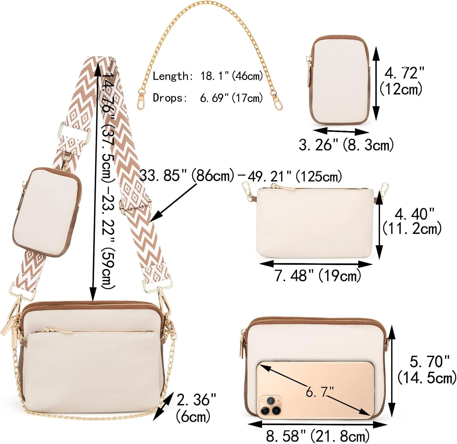 UTO Small Crossbody Bags for Women 3 in 1 Trendy Belt Purse Fashion Designer Mini Cute Sling Fanny Chest Pack
