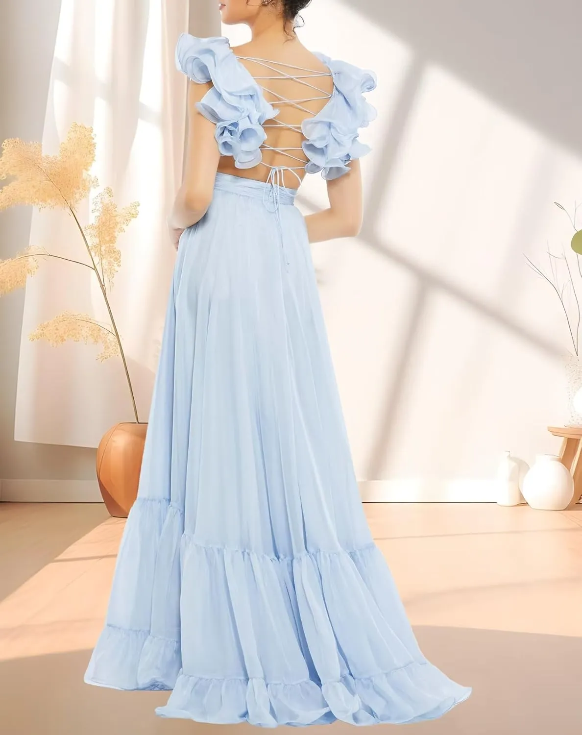 V Neck Chiffon Prom Dresses Women's Ruffles Flower Spaghetti Strap Ball Gowns A Line Formal Evening Gowns for Teens