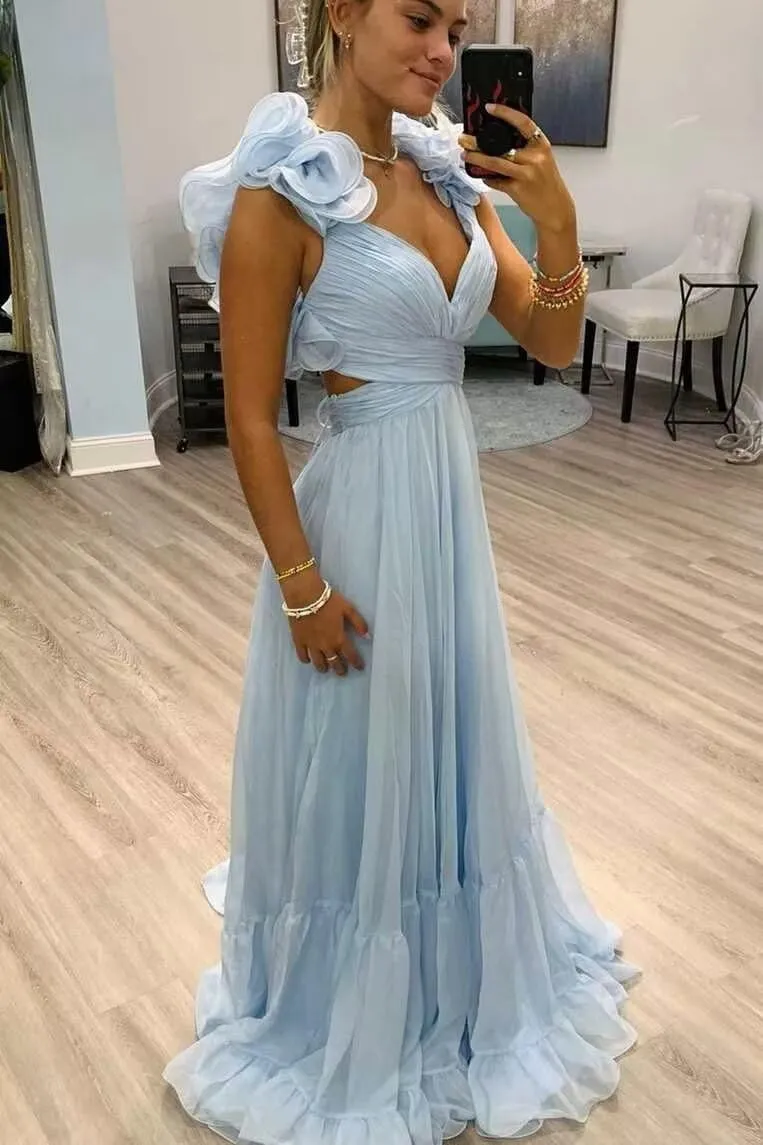 V Neck Chiffon Prom Dresses Women's Ruffles Flower Spaghetti Strap Ball Gowns A Line Formal Evening Gowns for Teens