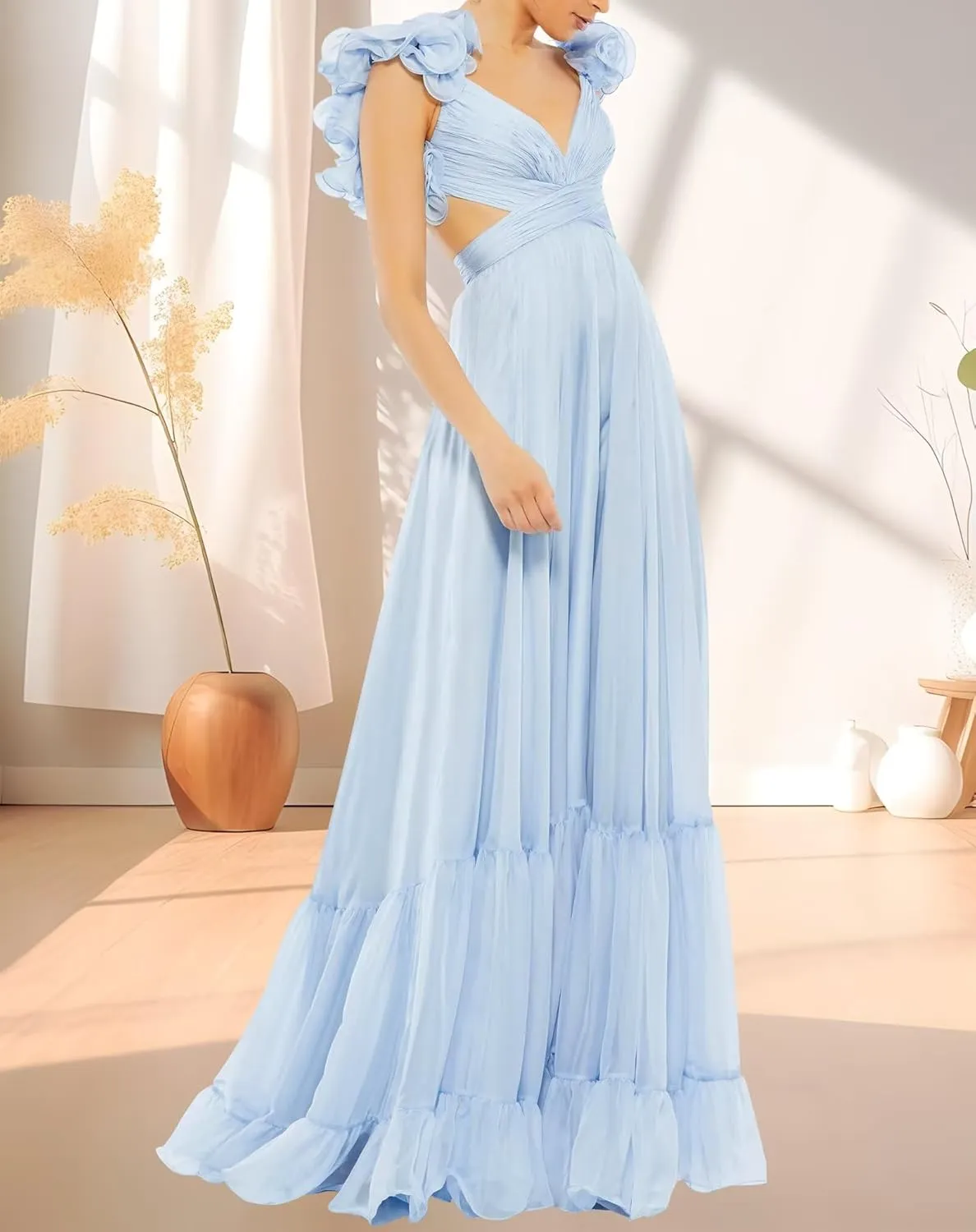 V Neck Chiffon Prom Dresses Women's Ruffles Flower Spaghetti Strap Ball Gowns A Line Formal Evening Gowns for Teens