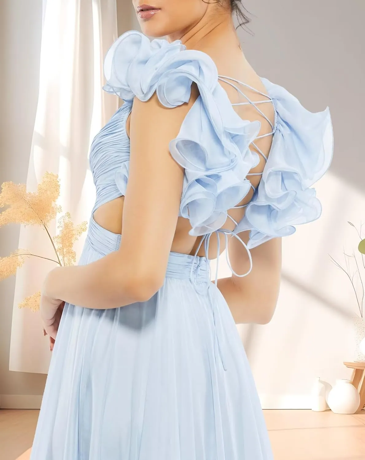 V Neck Chiffon Prom Dresses Women's Ruffles Flower Spaghetti Strap Ball Gowns A Line Formal Evening Gowns for Teens